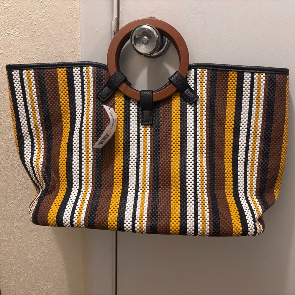 Striped Tote Bag with Brown Handles